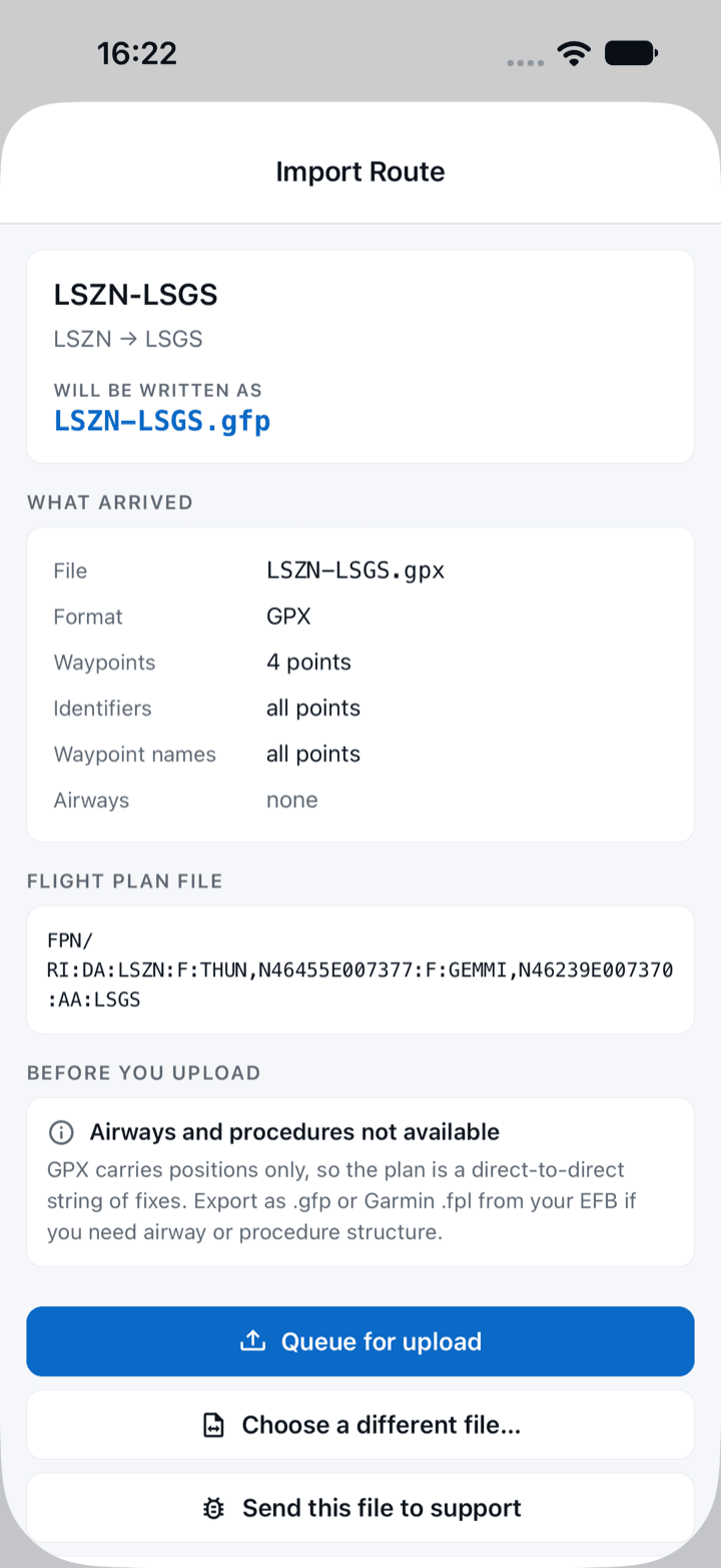 The import screen for a route shared from an EFB, listing its aerodromes before it is queued.